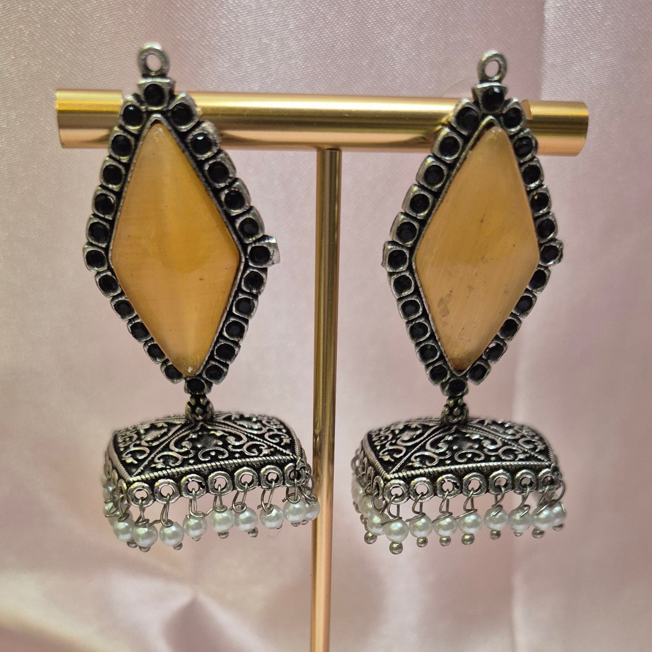 Oxidised Square Jhumkas,Yellow, Honey Colour Jhumkas
