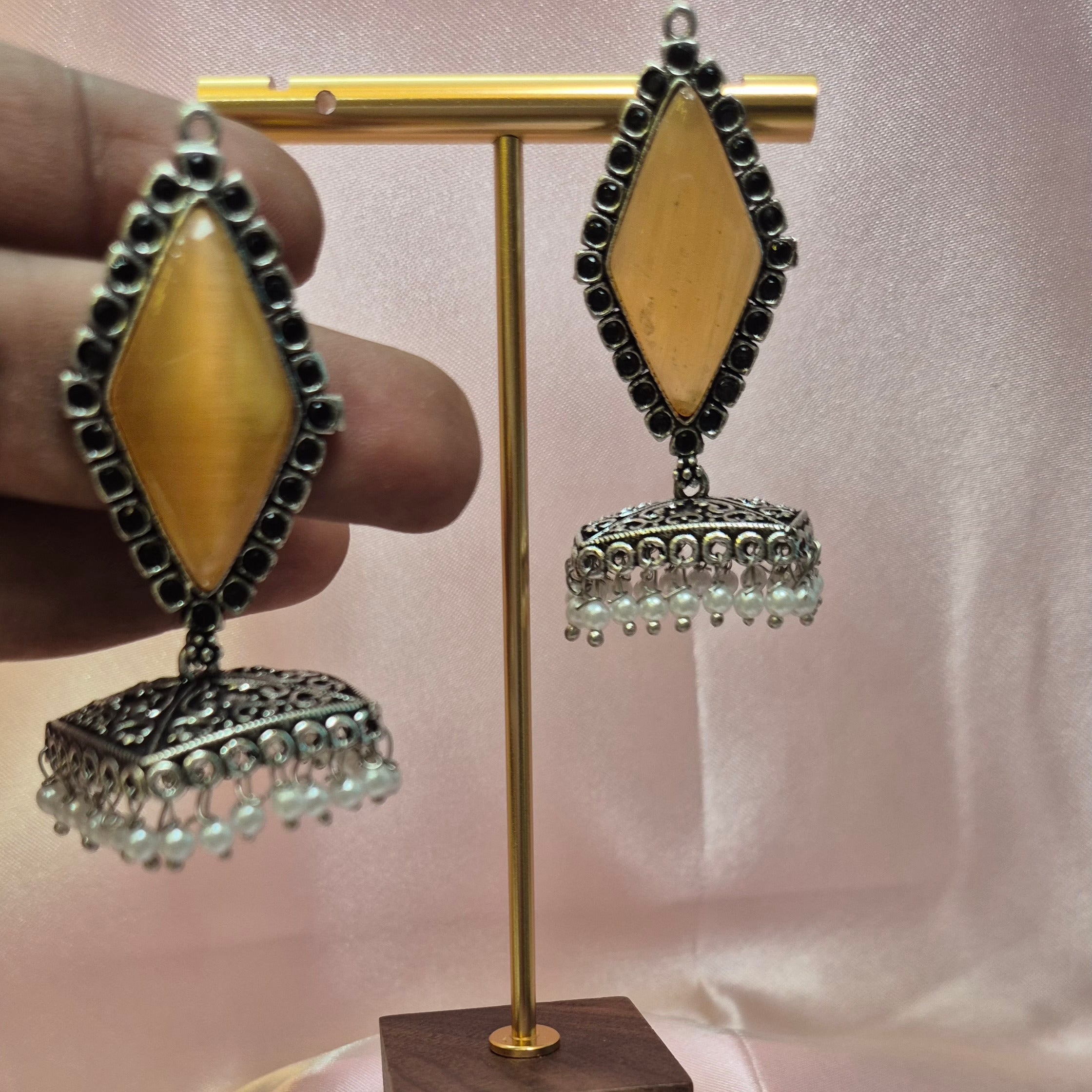 Oxidised Square Jhumkas,Yellow, Honey Colour Jhumkas