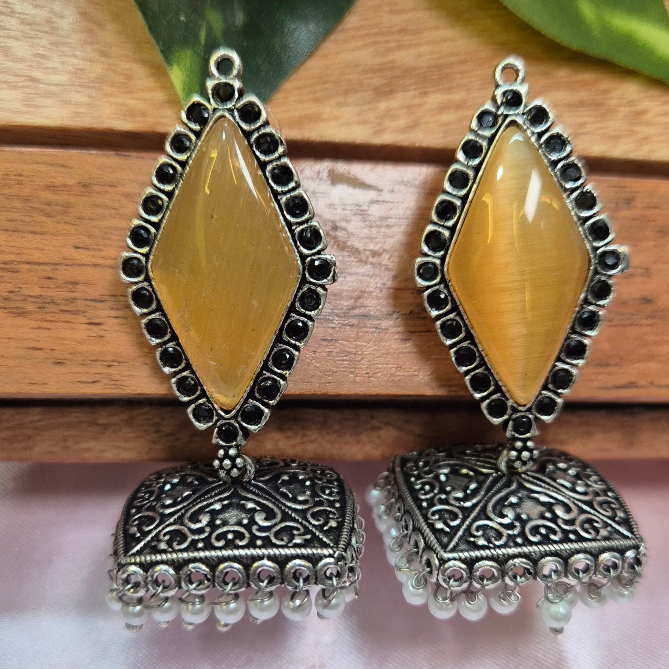 Oxidised Square Jhumkas,Yellow, Honey Colour Jhumkas
