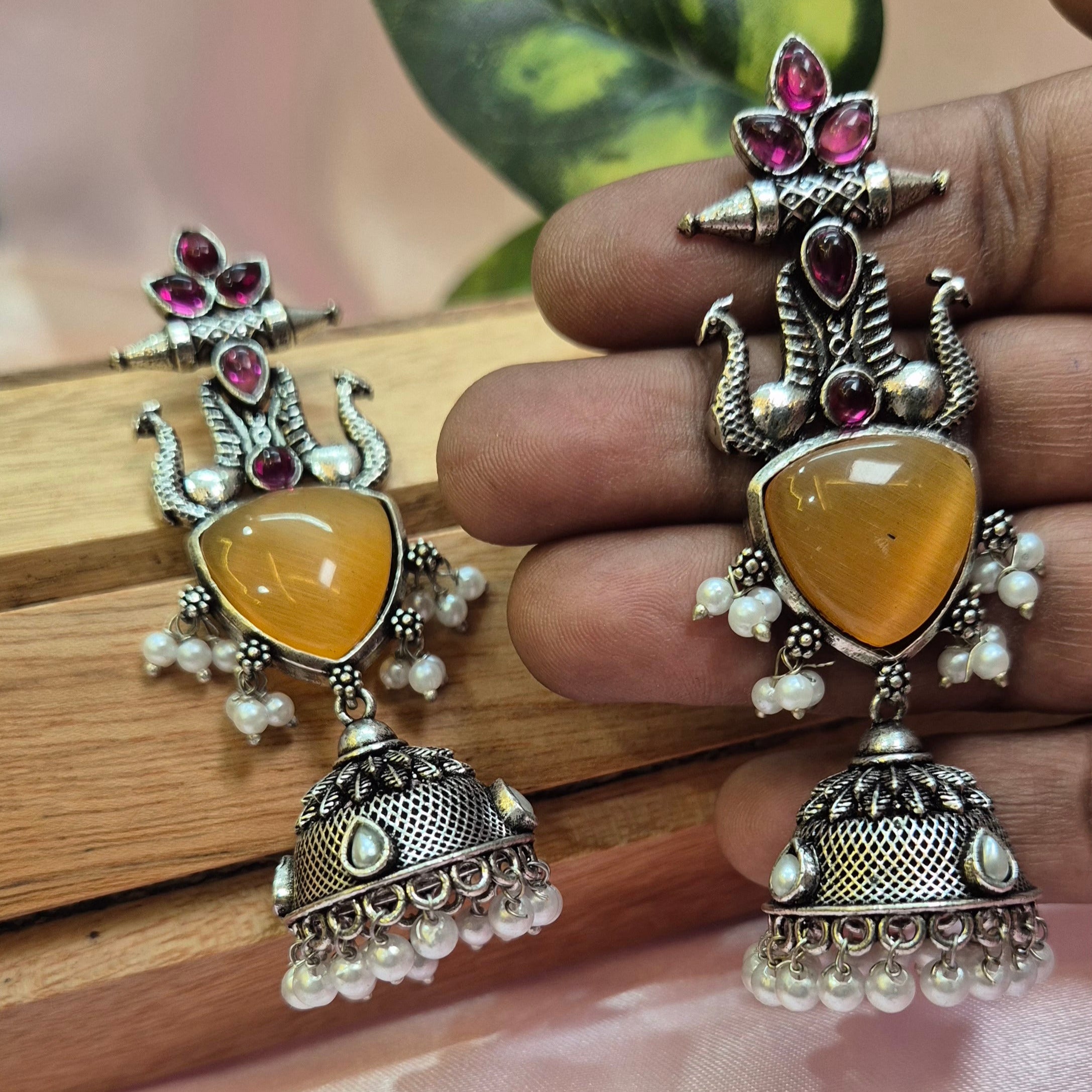 Oxidised Yellow Stone Jhumka