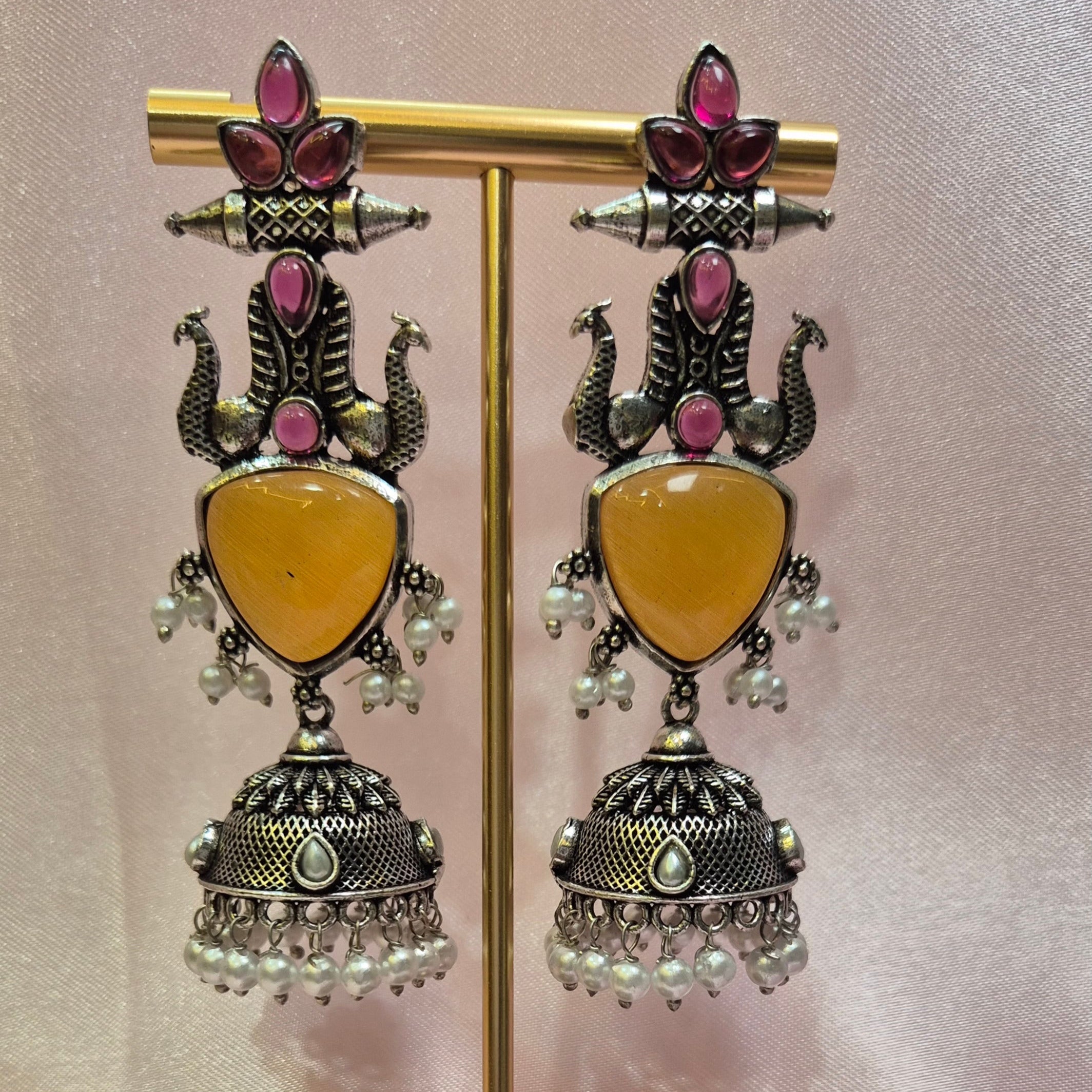 Oxidised Yellow Stone Jhumka