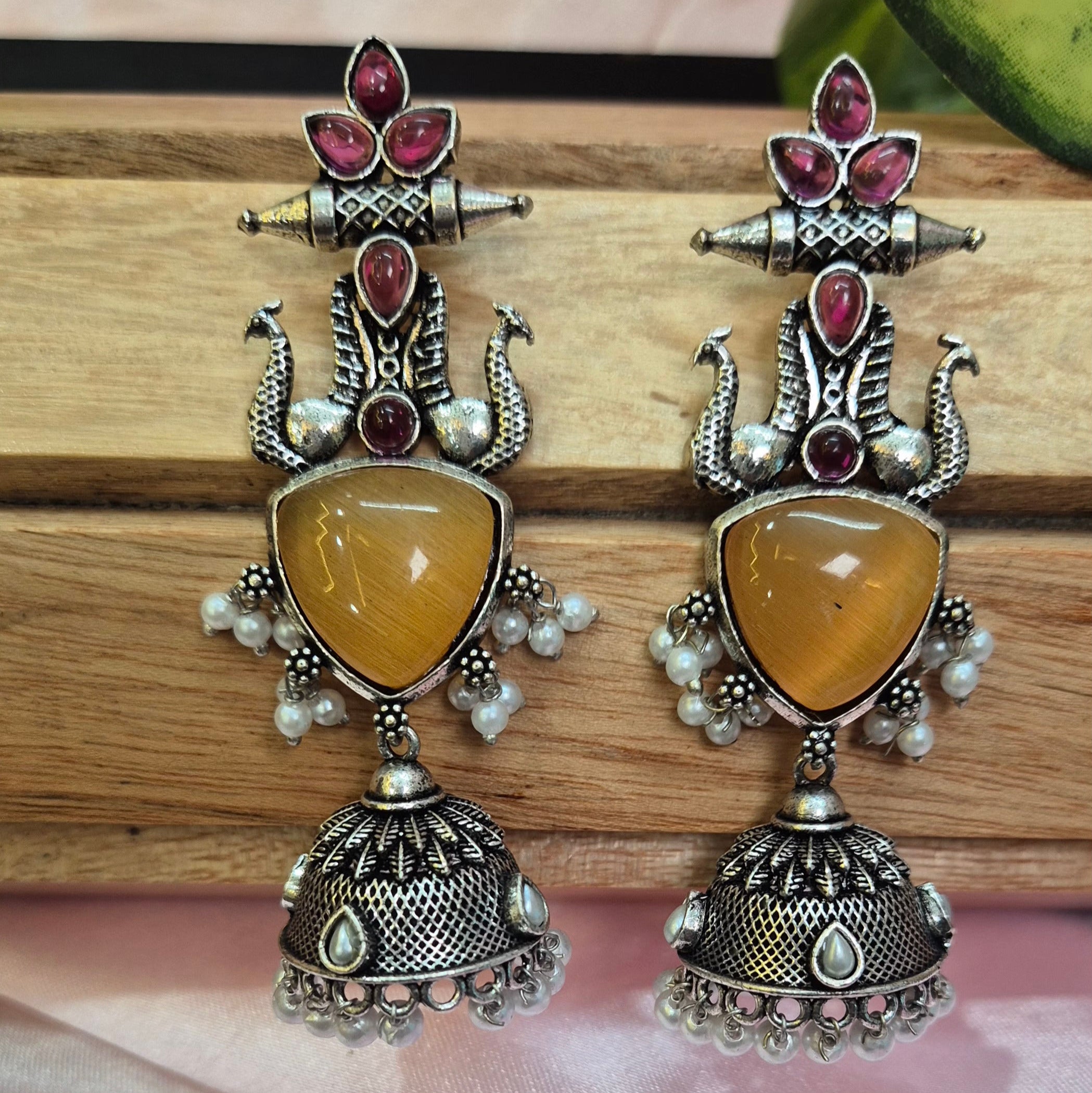 Oxidised Yellow Stone Jhumka