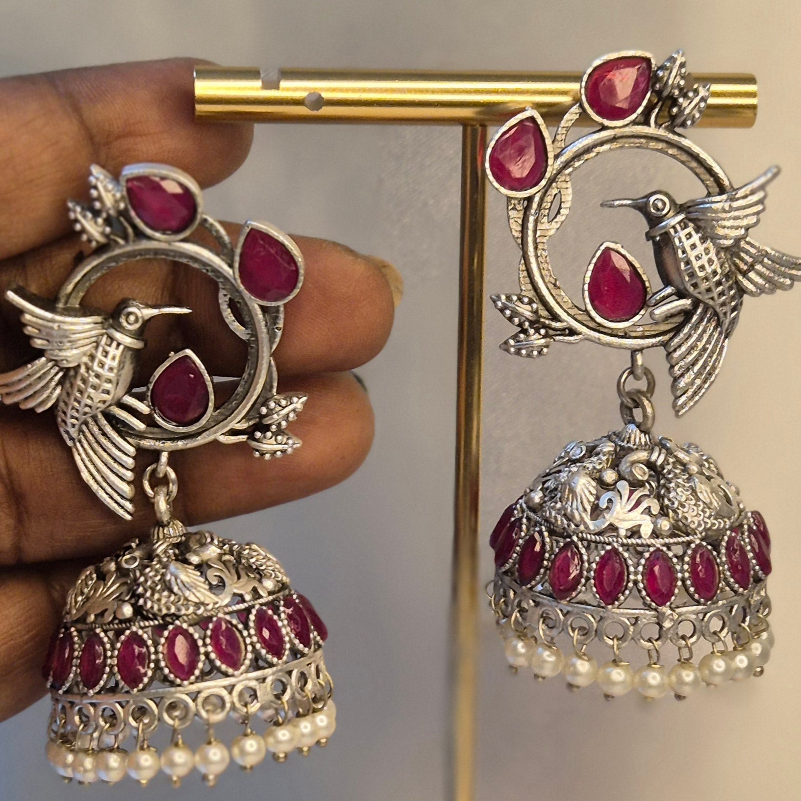 Oxidised Bird Design Jhumkas