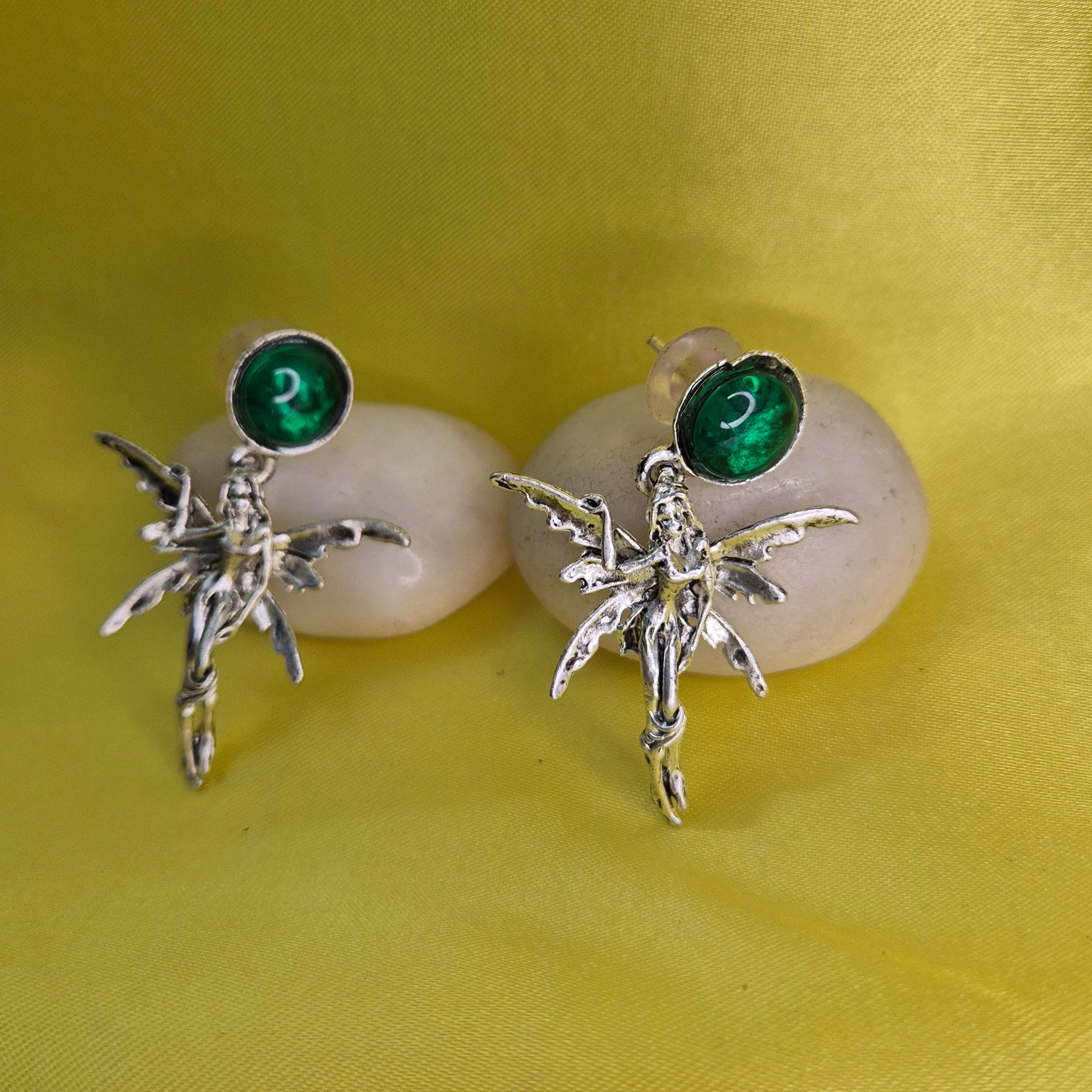 Oxidised Hanging Angel Green Stone