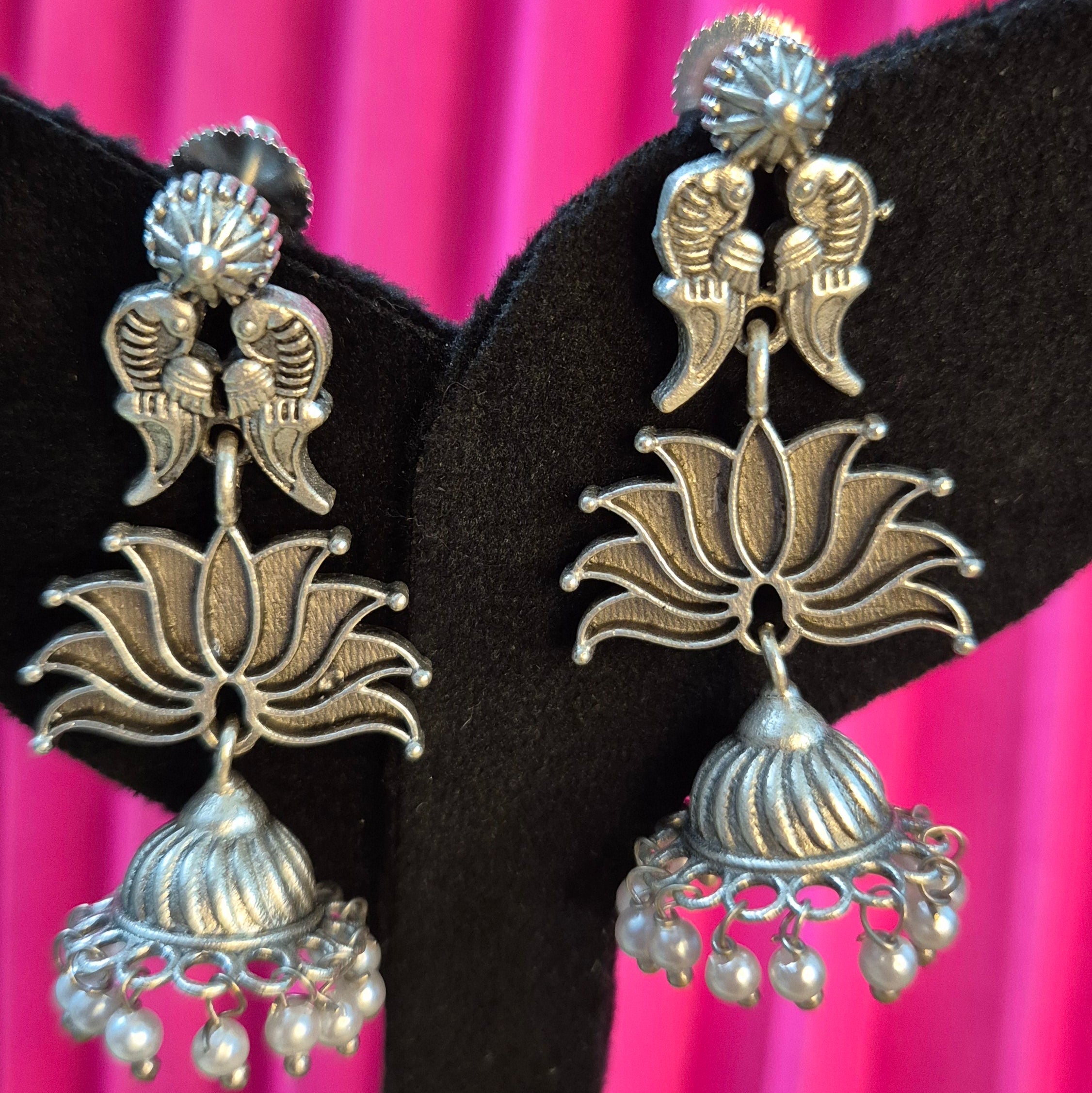 Elegant Oxidised Lotus Jhumkas