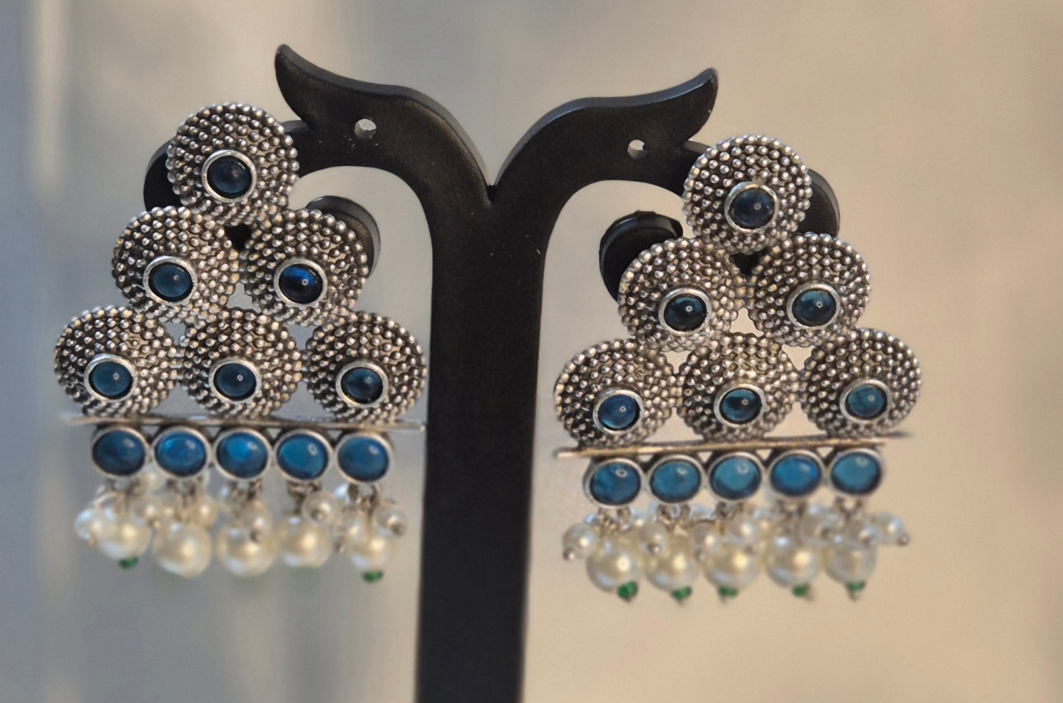 Oxidised Triangle Stud With Pearl Hangings