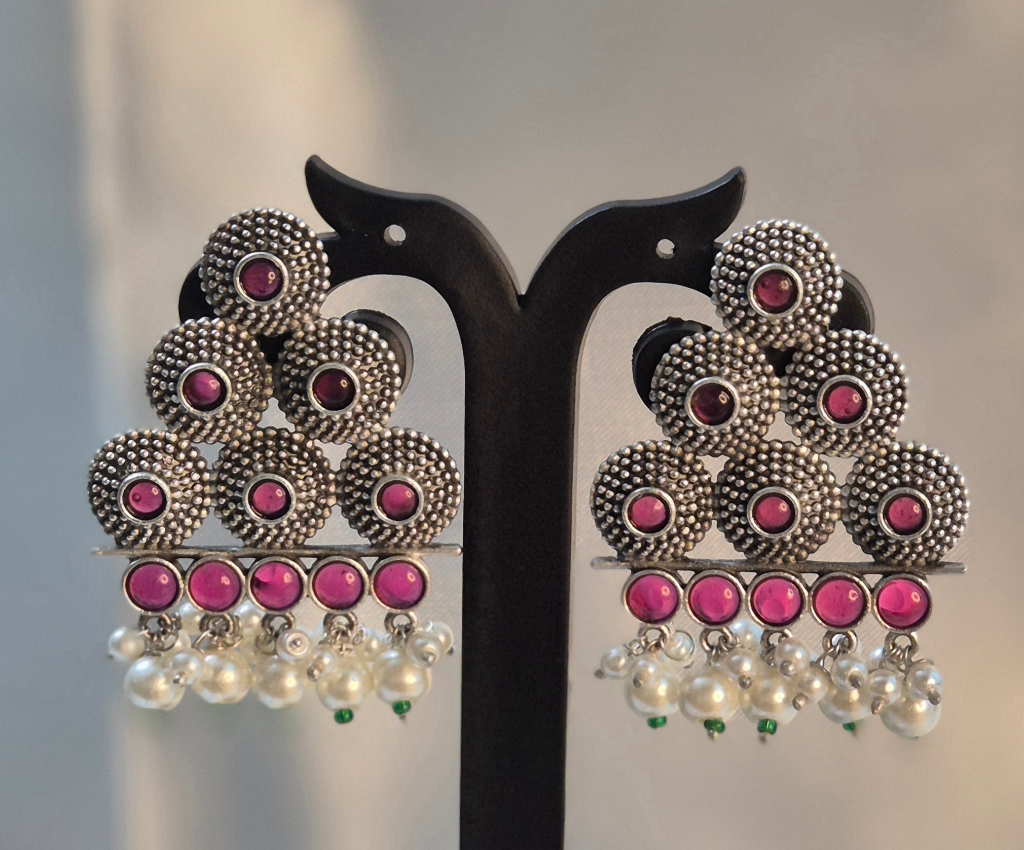 Oxidised Triangle Stud With Pearl Hangings