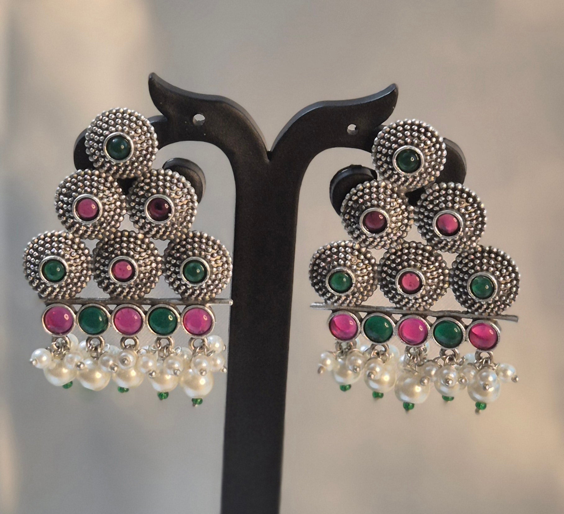 Oxidised Triangle Stud With Pearl Hangings