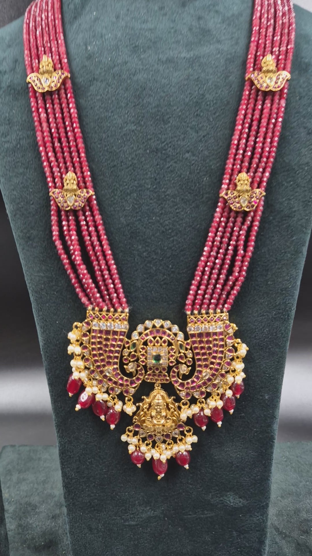 Ruby Beads 5 Strands Jadau Kundan Necklace Set with Lakshmi Pendant | Bridal Jewellery