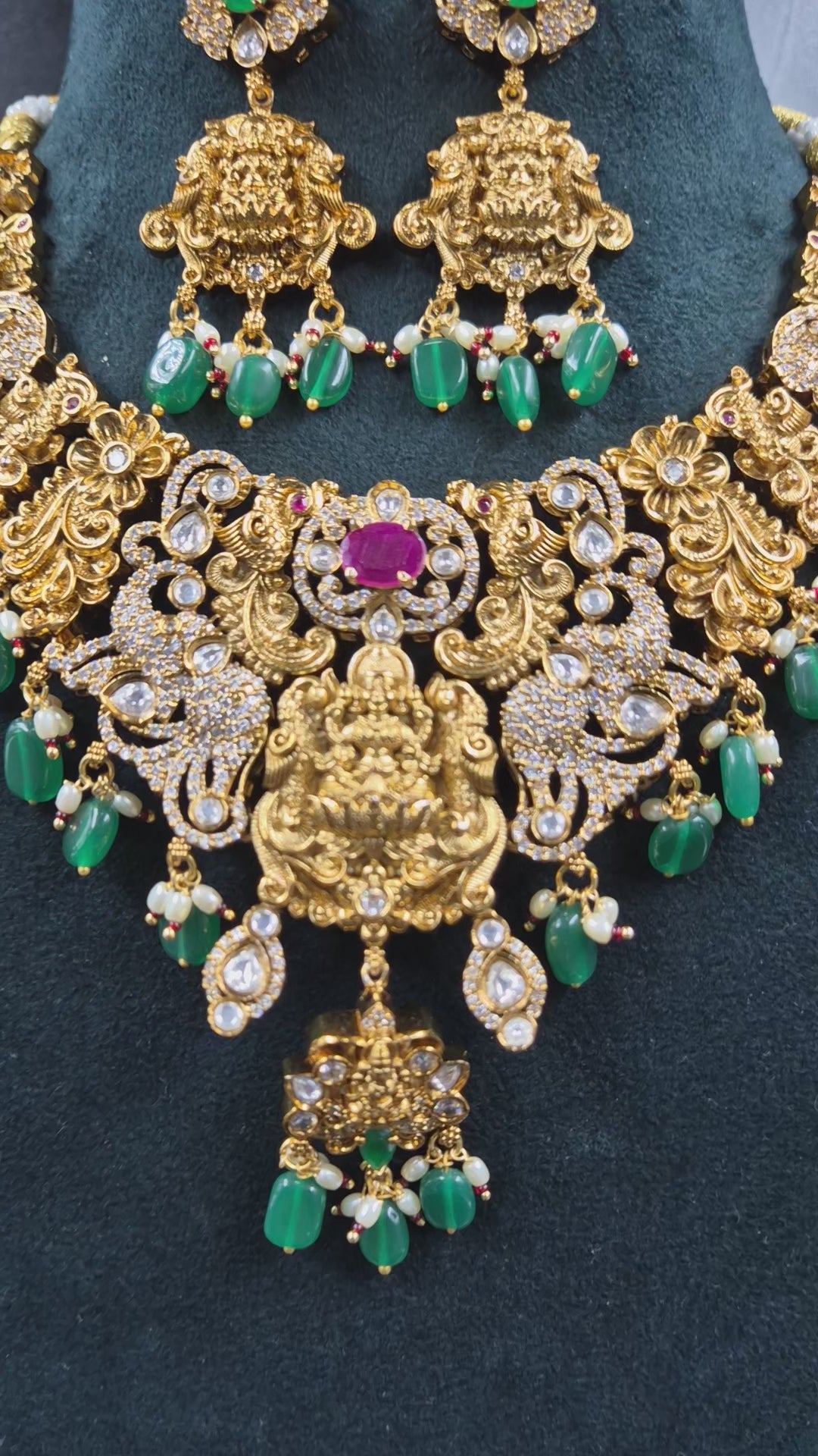 Jadau Kundan V-shaped Lakshmi choker  Necklace Set with Ruby & Green Beads | Bridal Jewellery