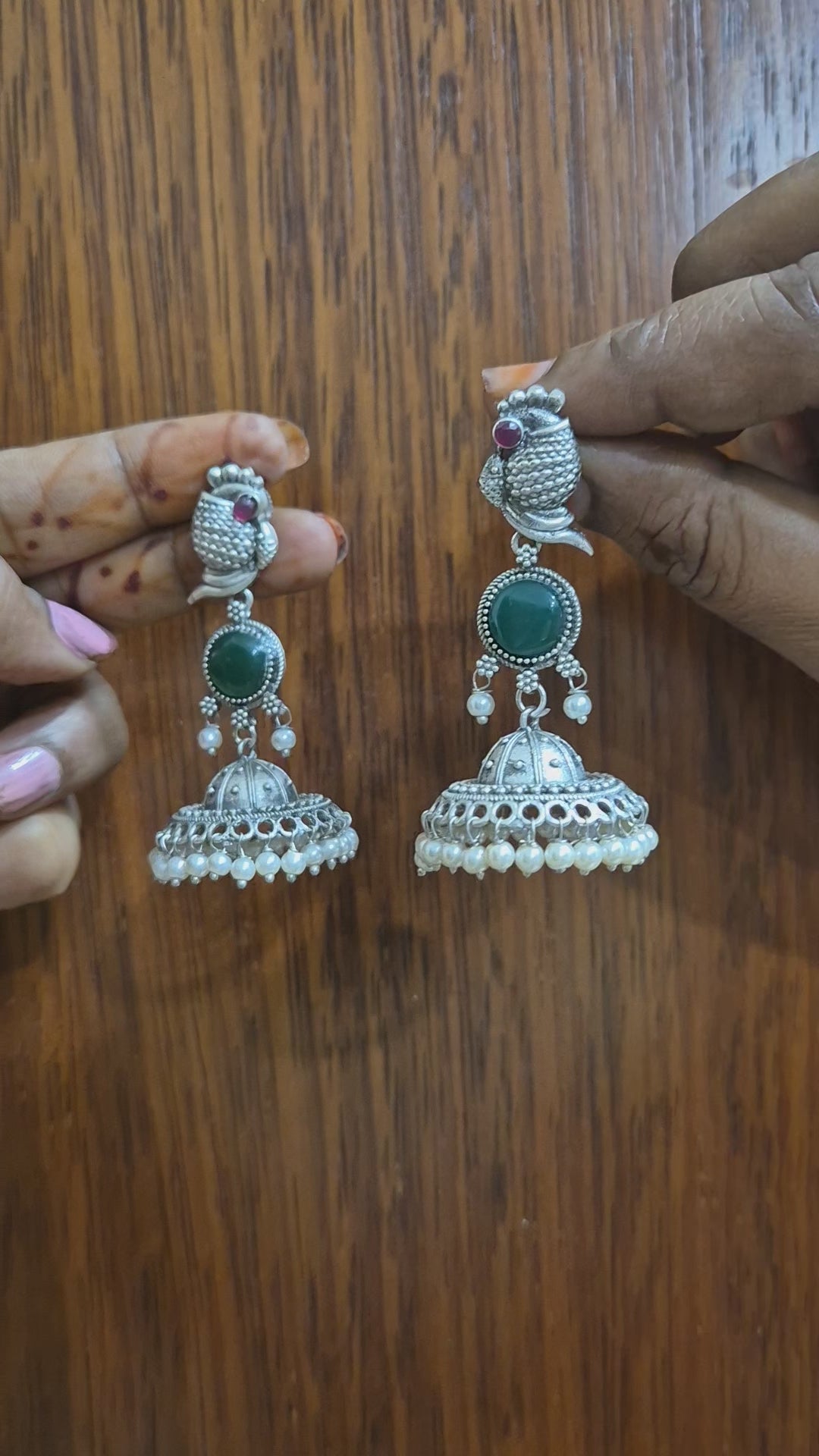 Oxidized Silver Fish Motif Jhumka  Earrings with Green Stone &  Pearl Drops