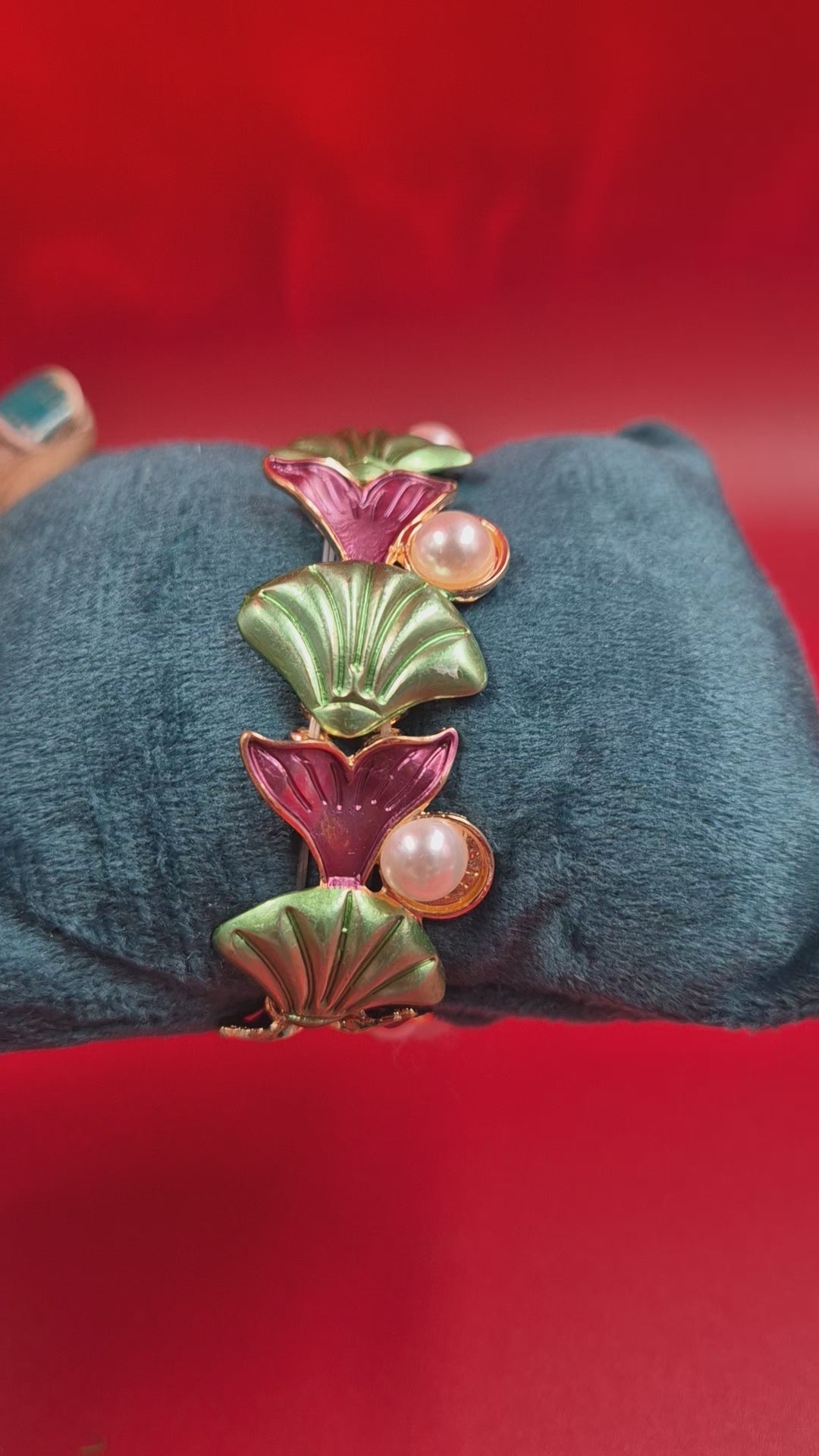 Elegant Pearl & Floral Shell Design Kada Bangle for Women | Gold-Tone Statement Bracelet