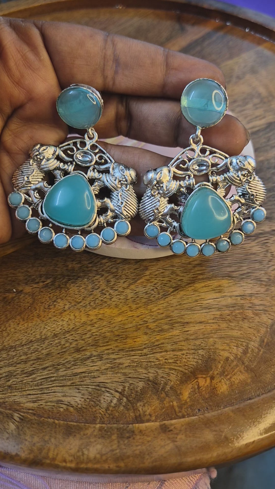 Oxidised Elepahnt motif Turquoise blue danglers