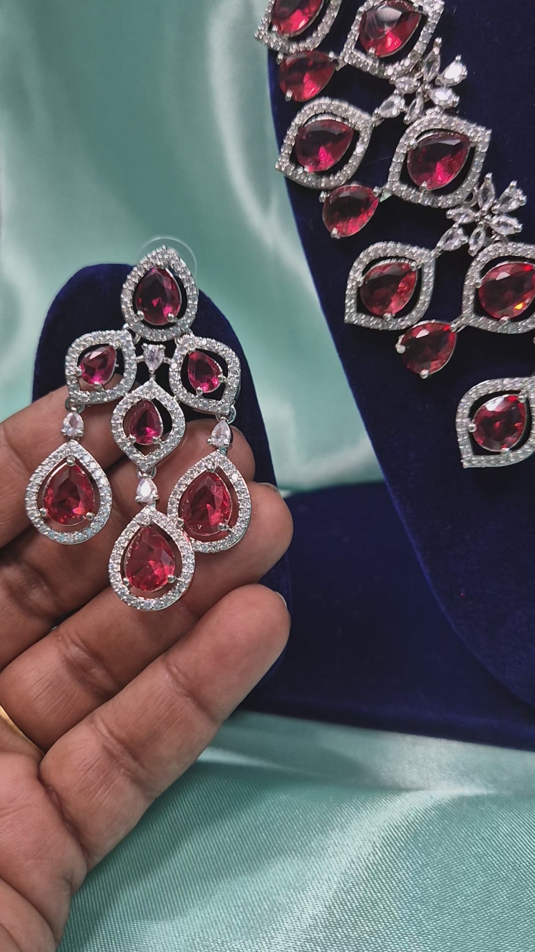 Premium Ruby Red AD Diamond Necklace Set with Long Earrings – Bridal & Party Wear Jewelry for Women