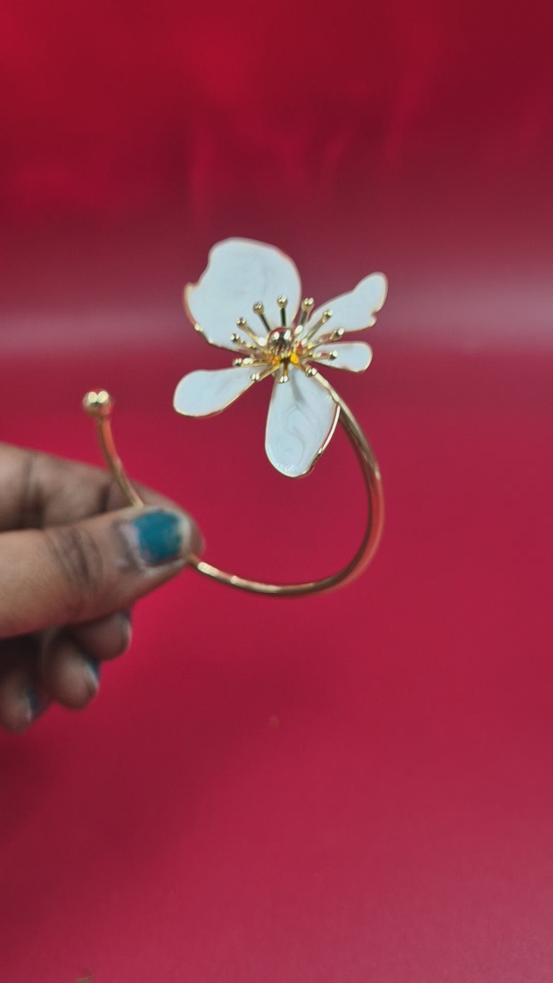 Elegant White Floral Open Cuff Kada Bangle for Women | Gold-Tone Designer Statement Bracelet