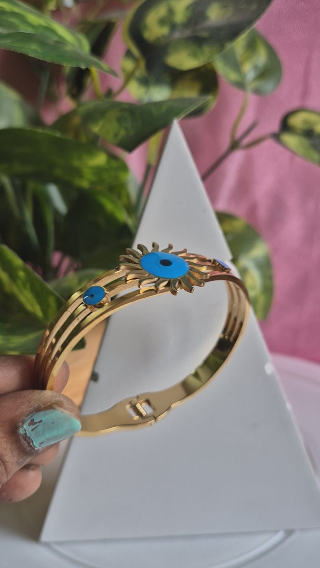Blue Evil Eye Gold-Tone Bangle Bracelet for Women | Protective Charm Designer Kada