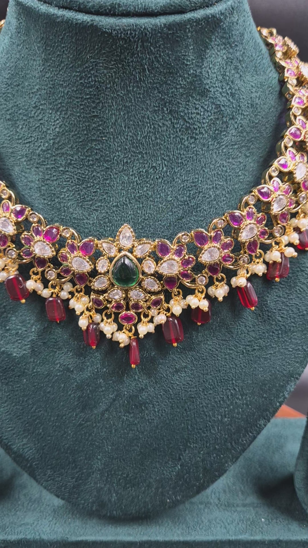 Ruby Green Stone Floral Necklace Set with Pearl Drops | Designer Jewellery