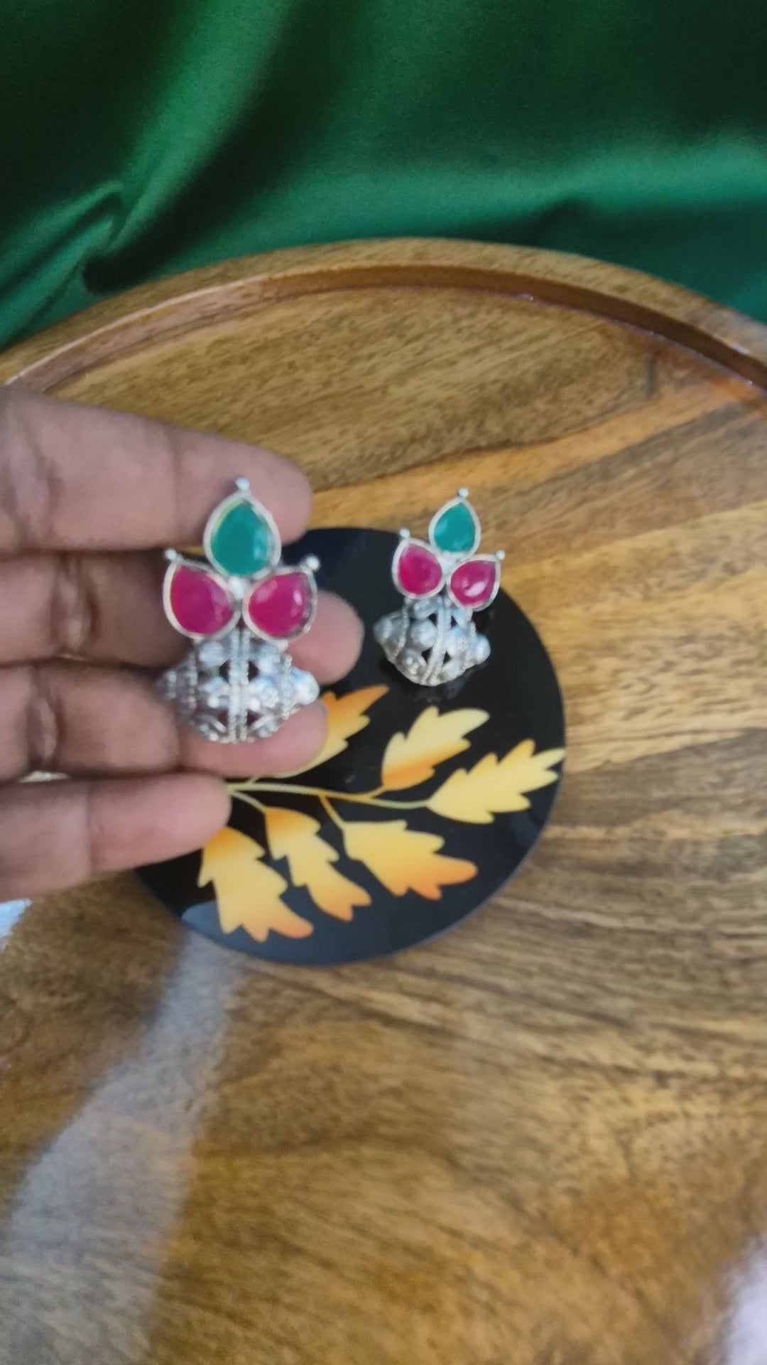 Oxidised Floral Drop Earrings – Pink & Green Stone Combo
